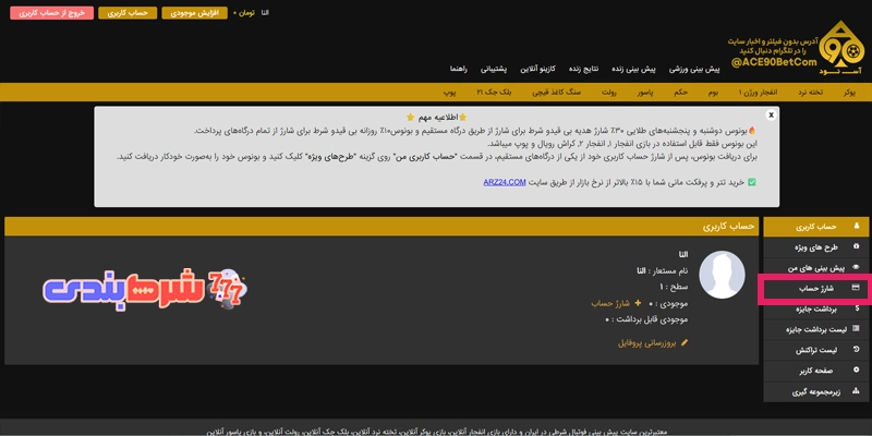 شارژ حساب در اس نود بت